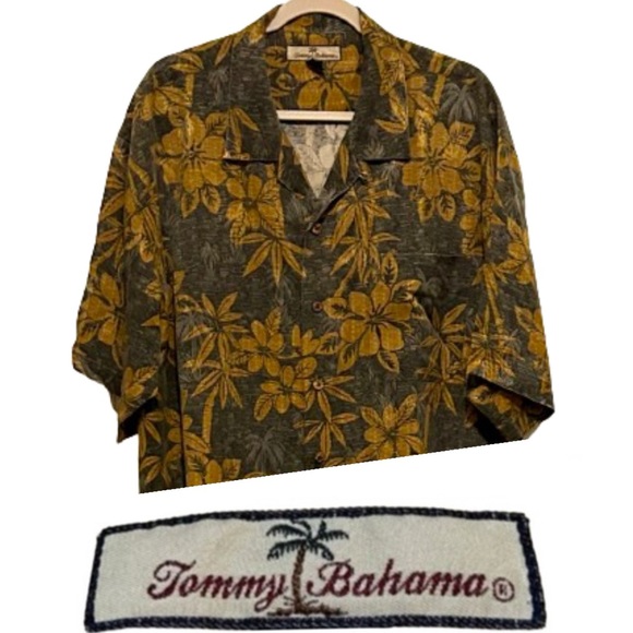 TOMMY BAHAMA Mens XL Silk Button Up Shirt Gray with Brown Tropical Print S/L - Picture 2 of 3